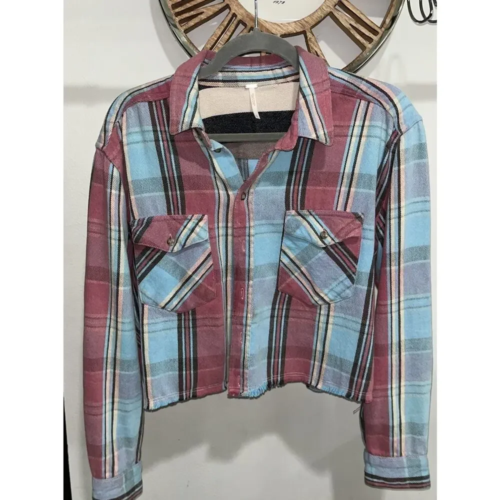 Free People Zelo Flannel Maroon Blue Raw Edge Cropped Small (A)